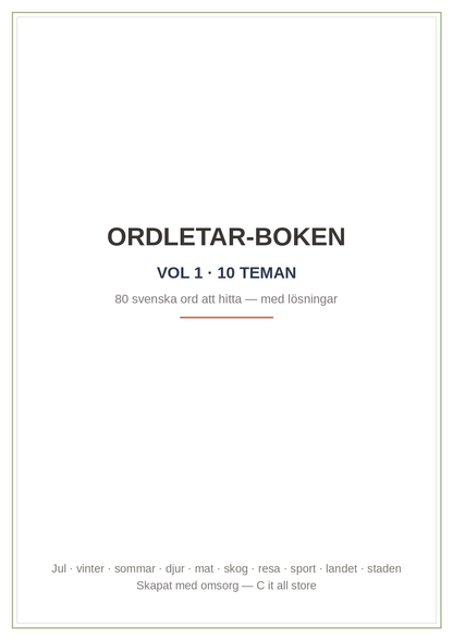 Ordletar-boken vol. 1 — 10 teman, 80 svenska ord att hitta + lösningar (printbar PDF)