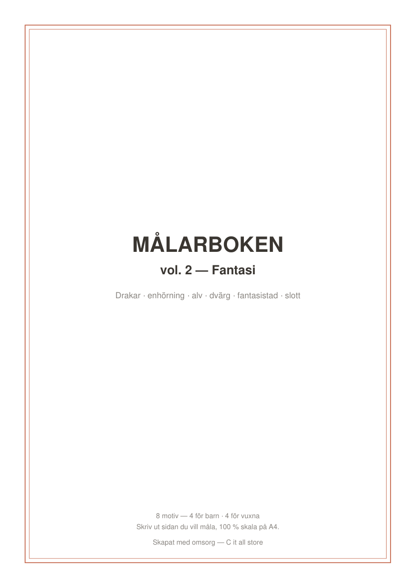Målarboken vol. 2 Fantasi — 8 färgläggningssidor för barn & vuxna (printbar PDF)