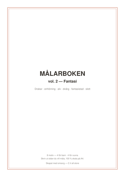 Målarboken vol. 2 Fantasi — 8 färgläggningssidor för barn & vuxna (printbar PDF)