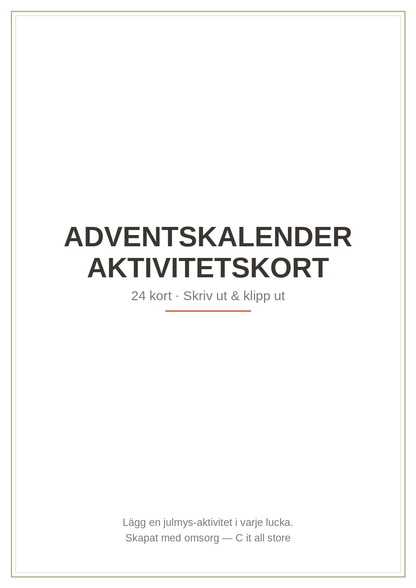 Adventskalender aktivitetskort — 24 julmys-kort att skriva ut (PDF)