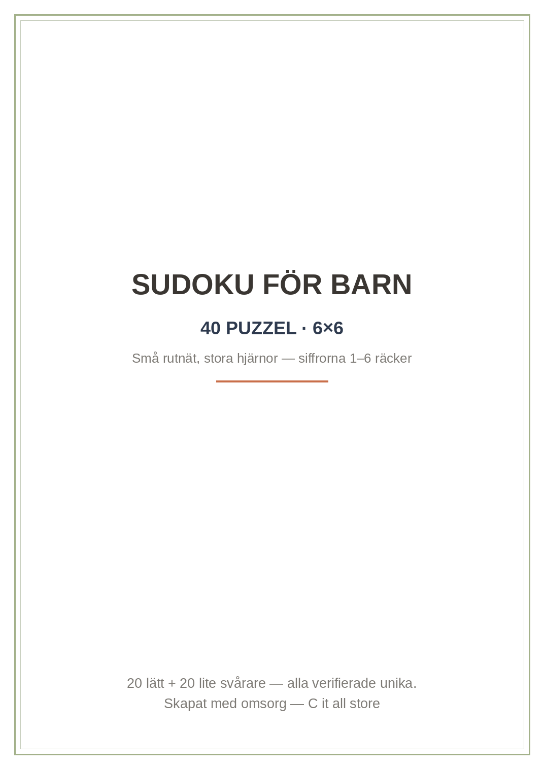 Sudoku för barn — 40 pussel i 6×6-format + lösningar (printbar PDF)
