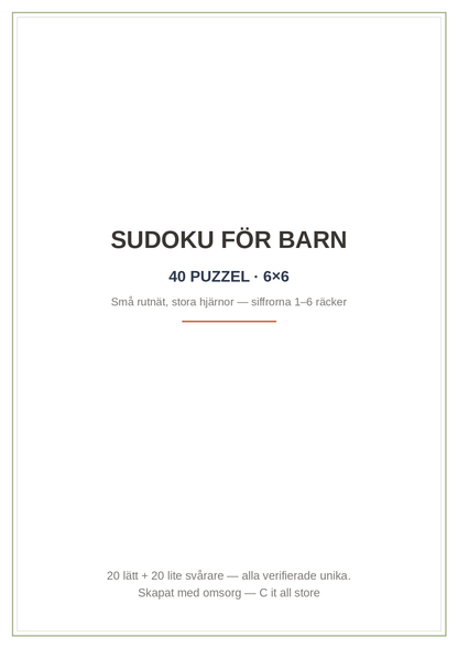 Sudoku för barn — 40 pussel i 6×6-format + lösningar (printbar PDF)
