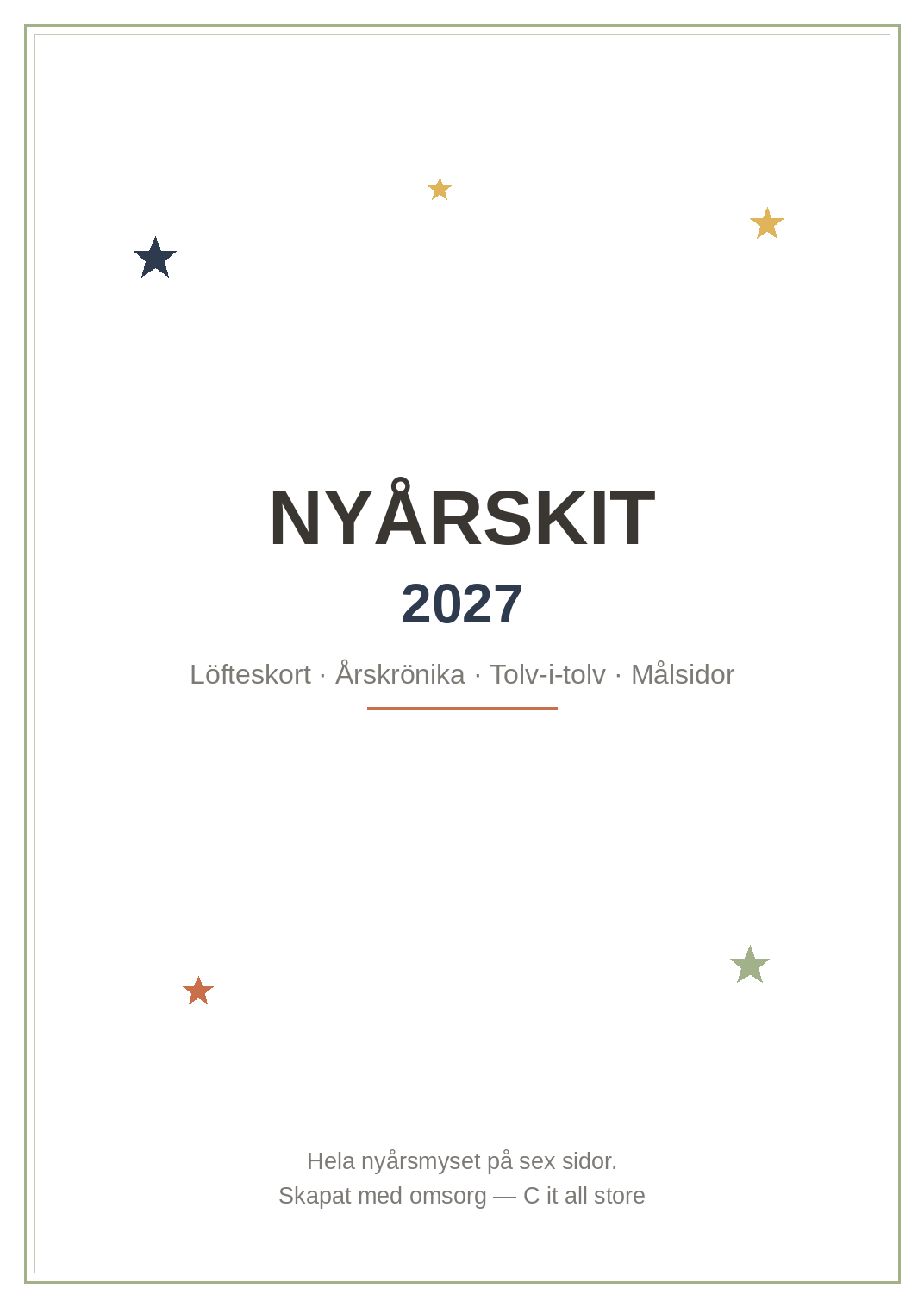 Nyårskit 2027 — löfteskort, årskrönika & tolv-i-tolv-spel (printbar PDF)
