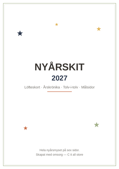 Nyårskit 2027 — löfteskort, årskrönika & tolv-i-tolv-spel (printbar PDF)