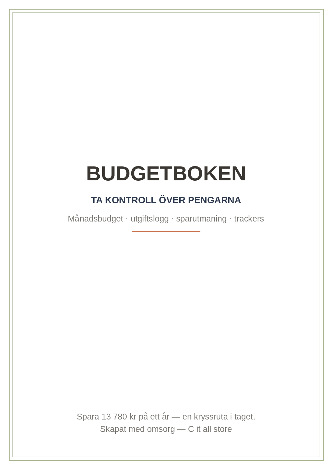 Budgetboken — månadsbudget, utgiftslogg, 52-veckors sparutmaning & trackers (printbar PDF)