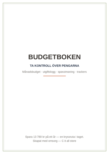 Budgetboken — månadsbudget, utgiftslogg, 52-veckors sparutmaning & trackers (printbar PDF)