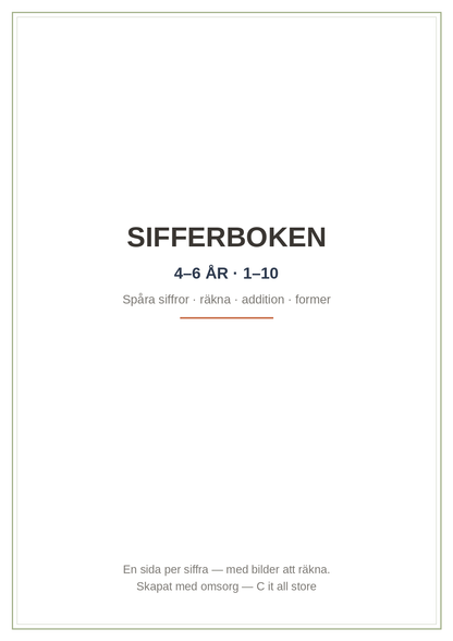 Sifferboken 4–6 år — siffrorna 1–10: spåra, räkna, addition & former (printbar PDF)