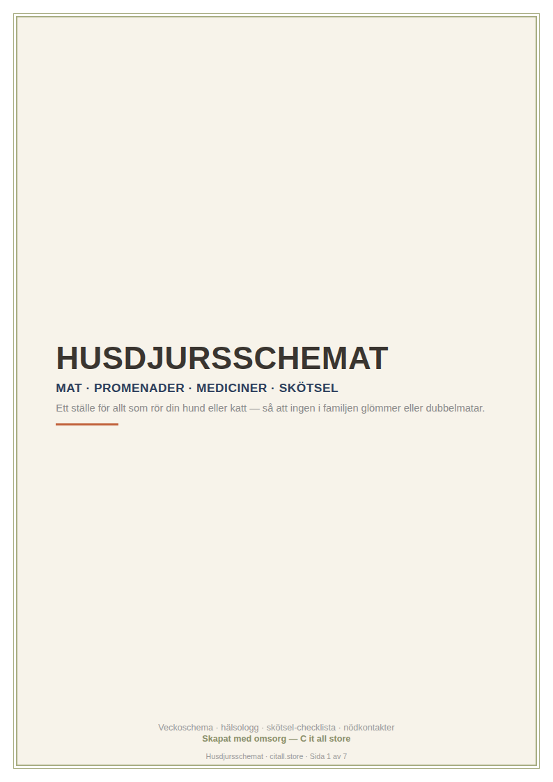 Husdjursschemat — veckoschema, hälsologg, skötsel-checklista & nödkontakter (printbar PDF)