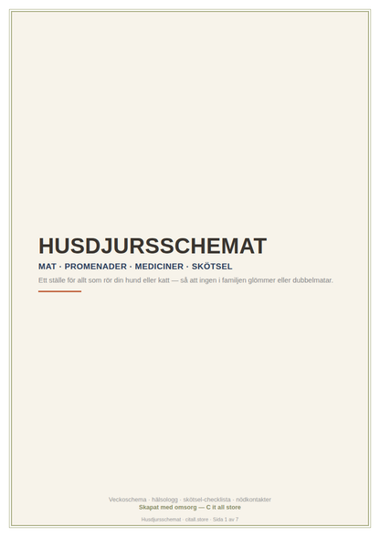 Husdjursschemat — veckoschema, hälsologg, skötsel-checklista & nödkontakter (printbar PDF)