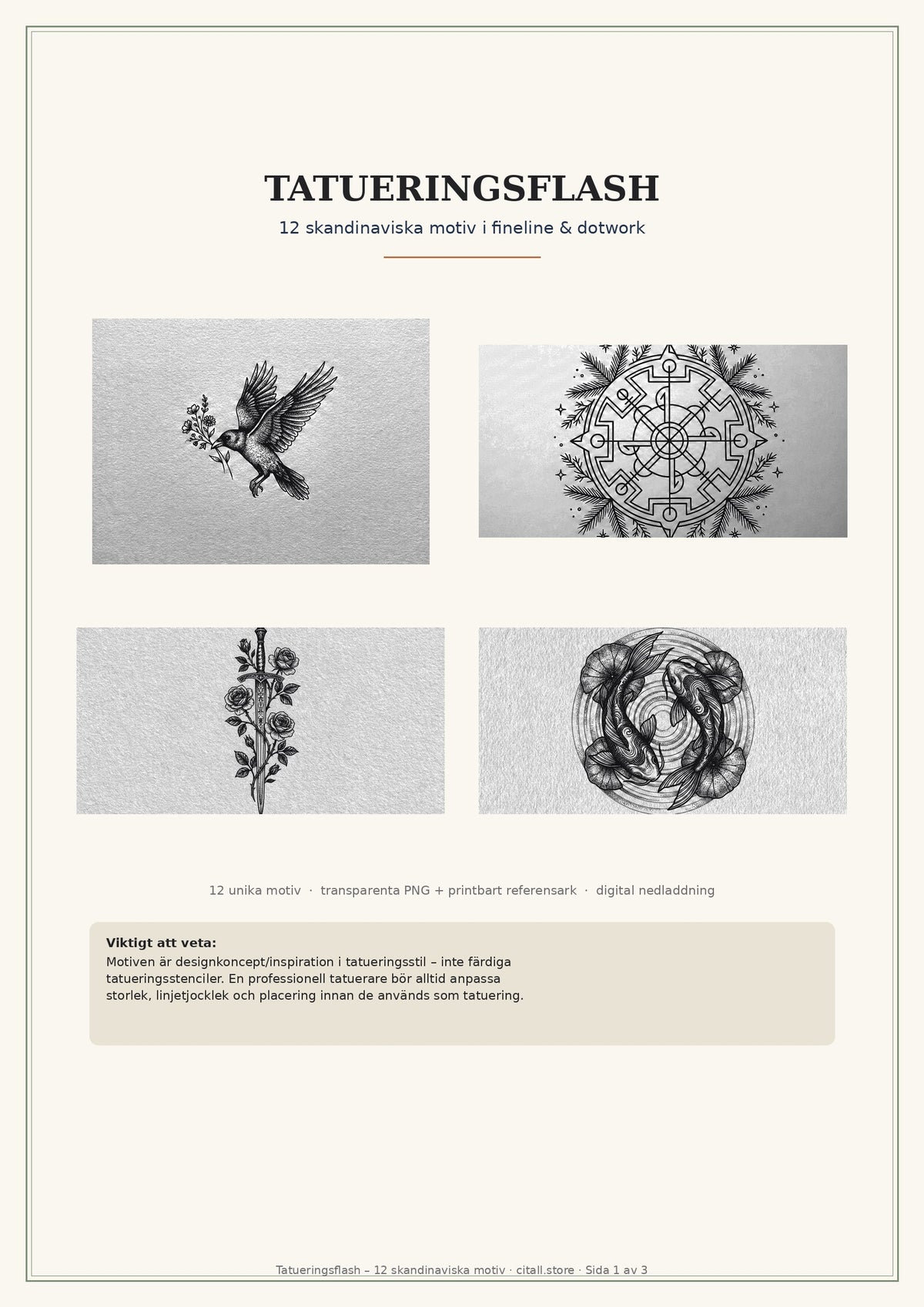 Tatueringsflash – 12 skandinaviska motiv i fineline & dotwork (transparenta PNG + printbart referensark)