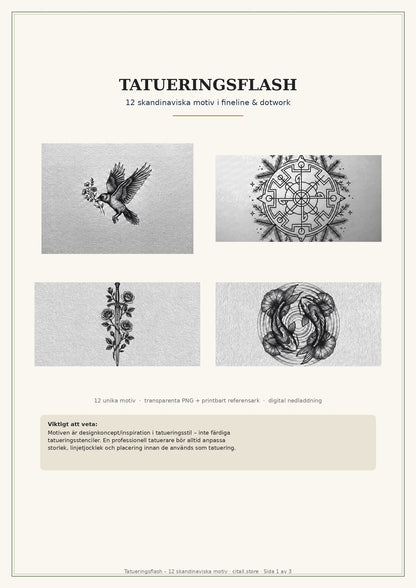 Tatueringsflash – 12 skandinaviska motiv i fineline & dotwork (transparenta PNG + printbart referensark)