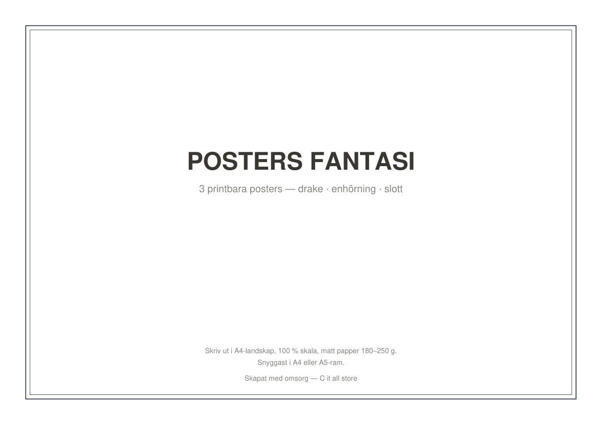 Posters Fantasi 3-pack — drake, enhörning & slott (printbar PDF)