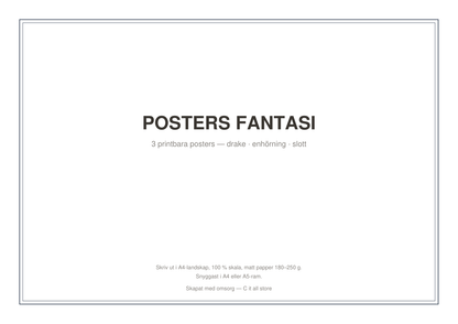 Posters Fantasi 3-pack — drake, enhörning & slott (printbar PDF)