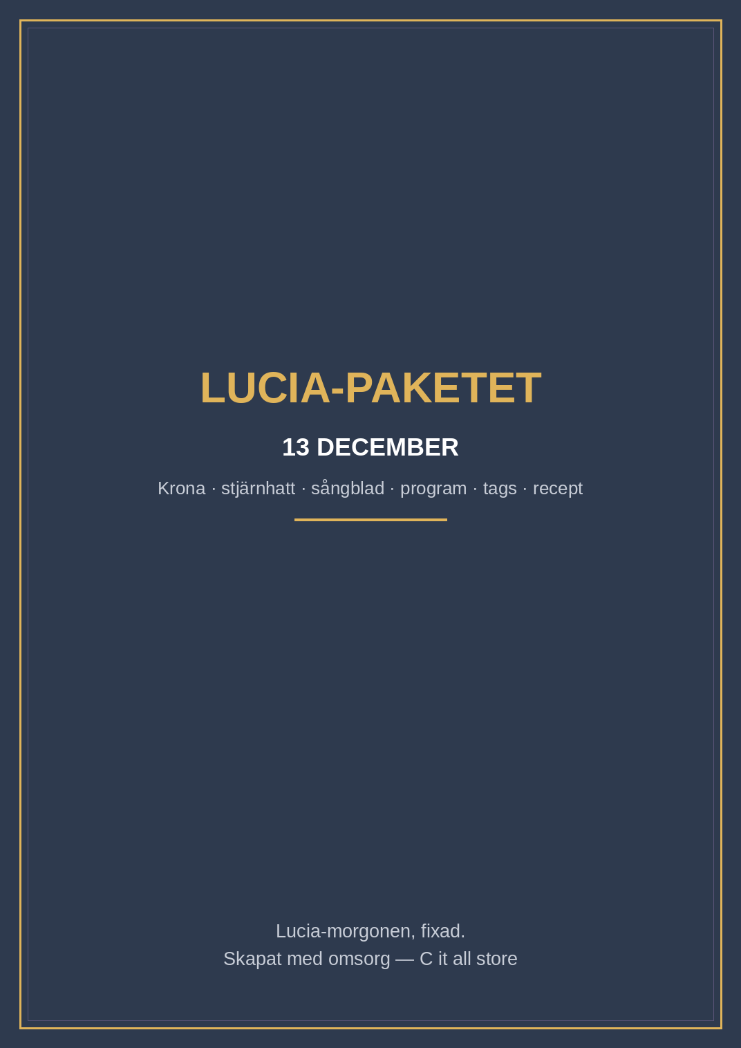 Lucia-paketet — luciakrona, stjärngosse-hatt, sångblad, tåg-program, tags & lussekatt-recept (printbar PDF)