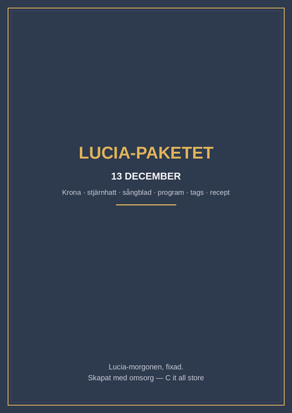 Lucia-paketet — luciakrona, stjärngosse-hatt, sångblad, tåg-program, tags & lussekatt-recept (printbar PDF)
