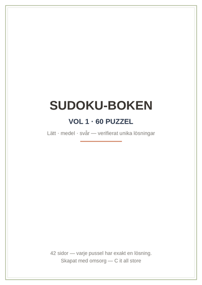 Sudoku-boken vol. 1 — 60 pussel lätt/medel/svår + lösningar (printbar PDF)