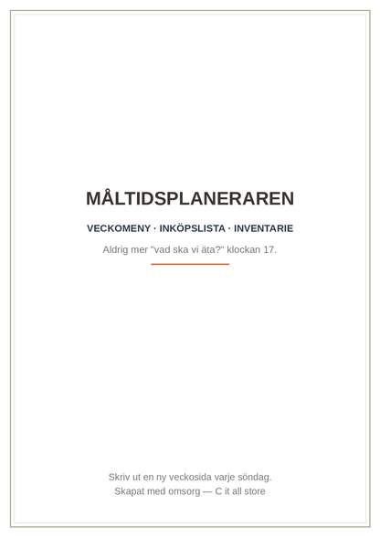 Måltidsplaneraren — veckomeny, inköpslista, frys- & skafferinventarie, söndags-prep (printbar PDF)