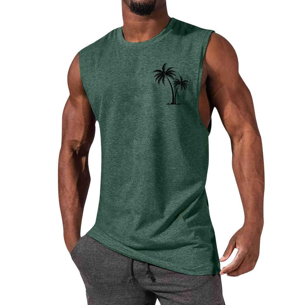 Coconut Tree Embroidery Vest Summer Beach Tank Tops Workout Muscle Men Sports Fitness T-shirt