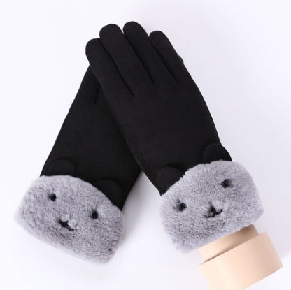 New Winter Female Lace Warm Cashmere Three Ribs Cute Bear Mittens Double thick Plush Wrist Women Touch Screen Driving Gloves 81C