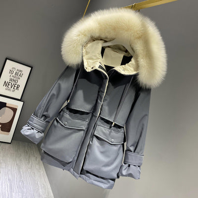 Fashion Hooded Faux Fur krage kvinnors kläder stora Pocket ner jacka Kvinnliga vinter rock Kvinna