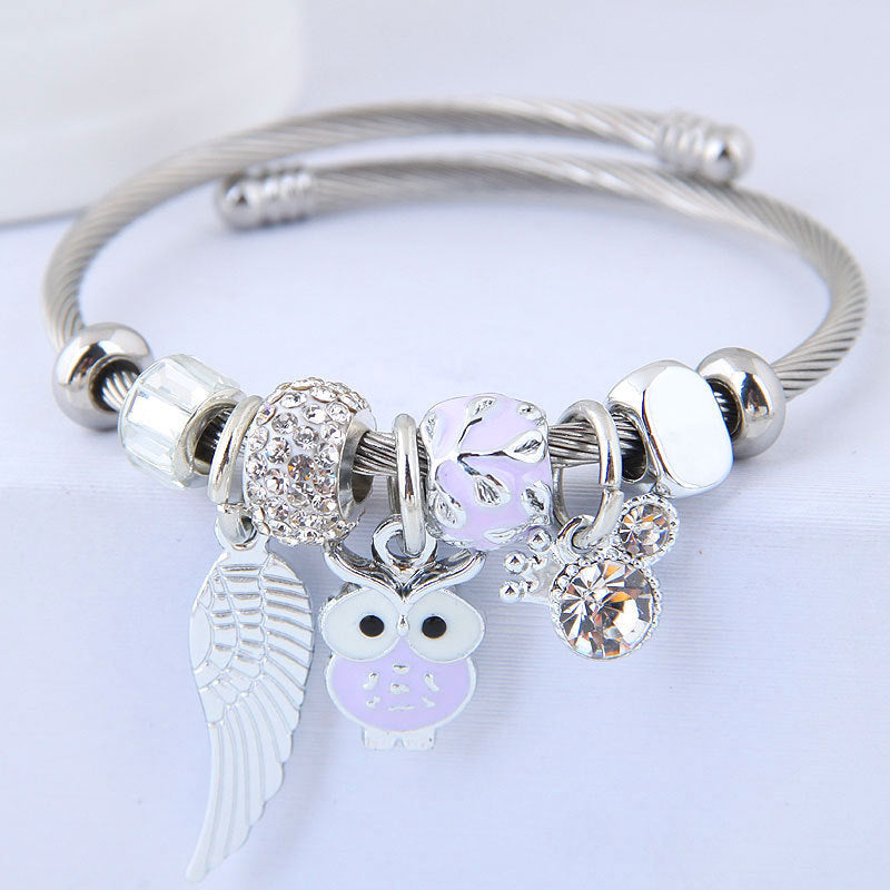 Bracelet en acier inoxydable avec pendentif ailes d'ange hibou perlé bricolage