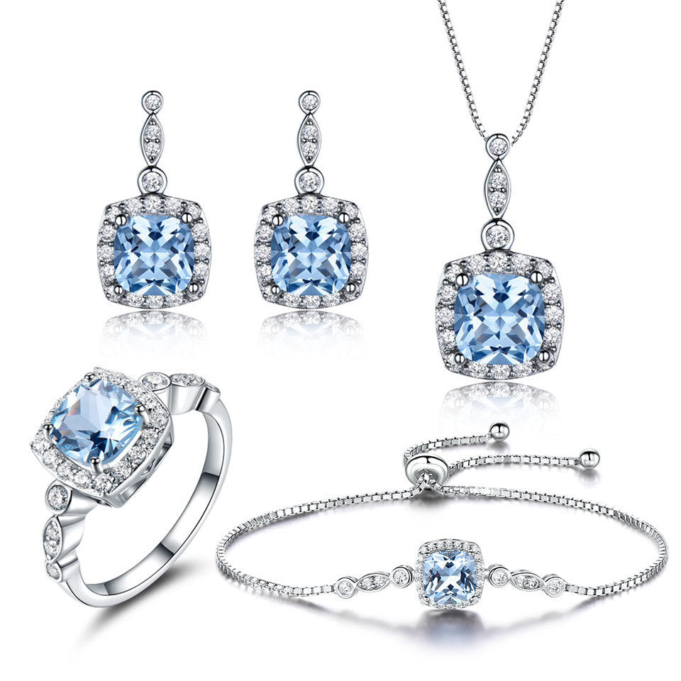 925 Sterling Silver Necklace Sky Blue Topaz Four-Piece Set - Elegant Jewelry Collection