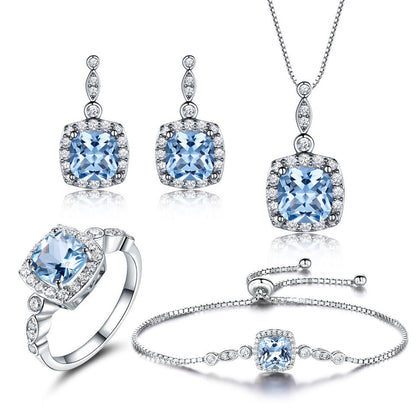 925 Sterling Silver Necklace Sky Blue Topaz Four-Piece Set - Elegant Jewelry Collection