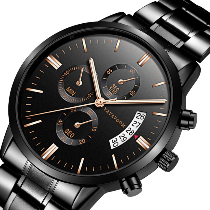 Montres en acier inoxydable pour hommes avec calendrier de loisirs d'affaires montres à Quartz étanche montres en acier raffiné noir