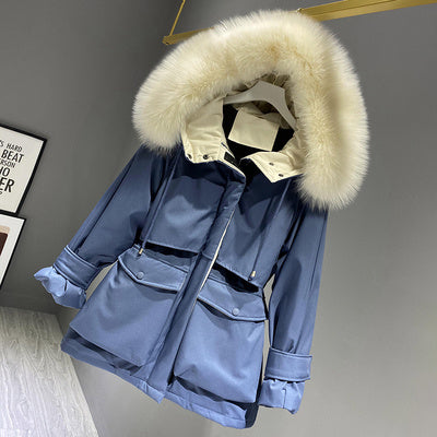 Fashion Hooded Faux Fur krage kvinnors kläder stora Pocket ner jacka Kvinnliga vinter rock Kvinna