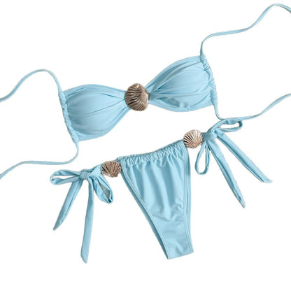 Bikini Sexy Metal Shell High Waist Lace-up Swimsuit For Women