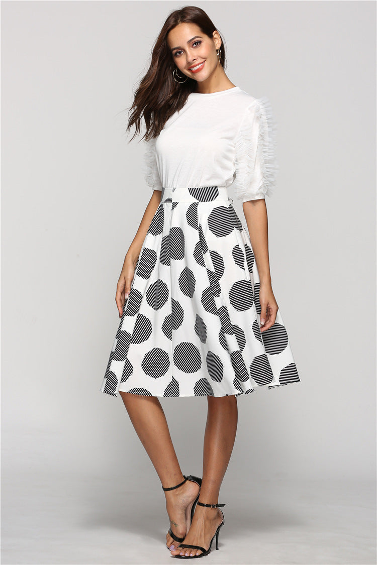 Large Polka Dot Round Slim Fit Mid-Length Skirt With Large Hem