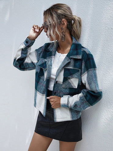 Manteau court à carreaux en laine à simple boutonnage pour femme