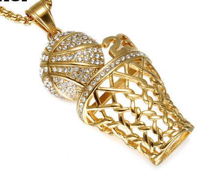 HIP Hop Bling Iced Out Gold Full Rhinestone Basketball Pendants Necklaces 316L Stainless Steel Sports Necklace for Men Jewelry