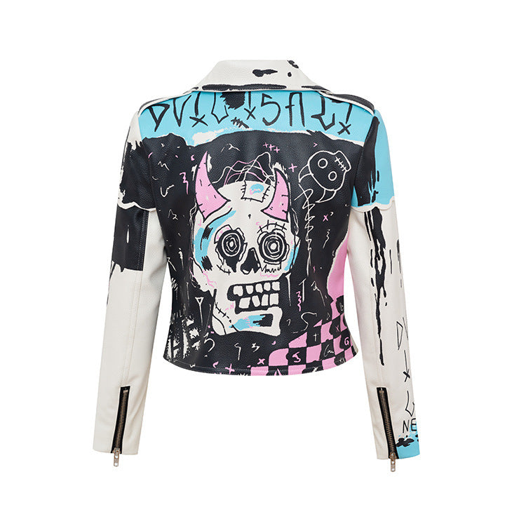 Personalized Graffiti Print Rivet Motorcycle Leather Jacket