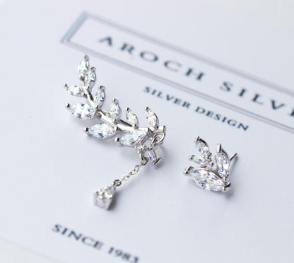 925 Silver Earrings sweet Korean female asymmetrical earrings earrings earrings diamond leaves leaves E0629