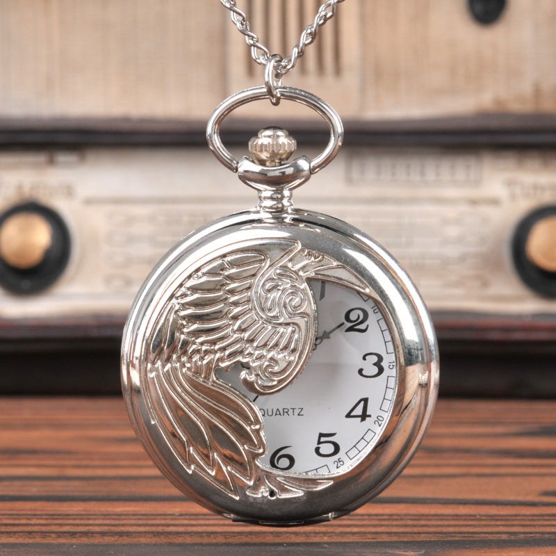 Hollowed out Eagle Silver Quartz Pocket Watch