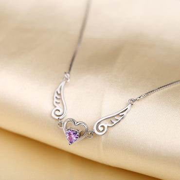 Collier ailes d'ange en argent pur 925, bijoux romantiques en cristal violet, colliers en forme de cœur pour femmes, collier en argent Sterling 