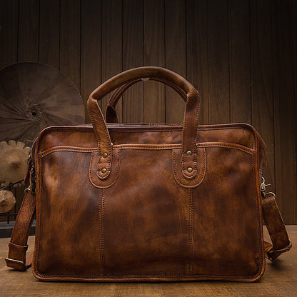 Men's Vintage First Layer Leather Travel Briefcase