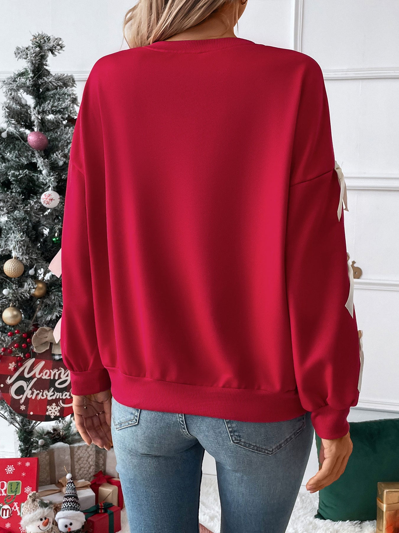 Hemp Bundle Pocket Round Neck Bow Red Christmas Sweater Girl