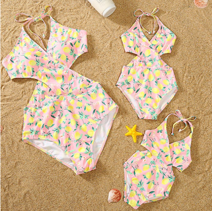 Parent-child Swimsuit Mother-daughter Suit Solid Color V-neck One-piece