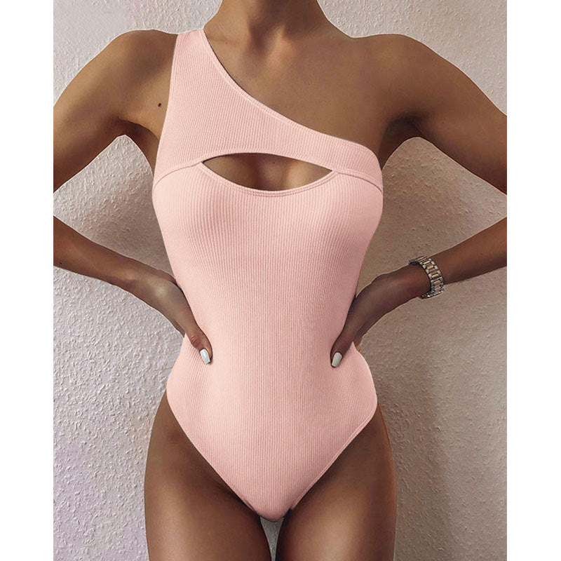 New Bikini Solid Color One-shoulder One-piece Swimsuit Women