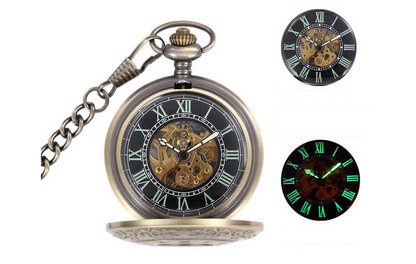 Engraved Bronze Mechanical Demi Pocket Watch