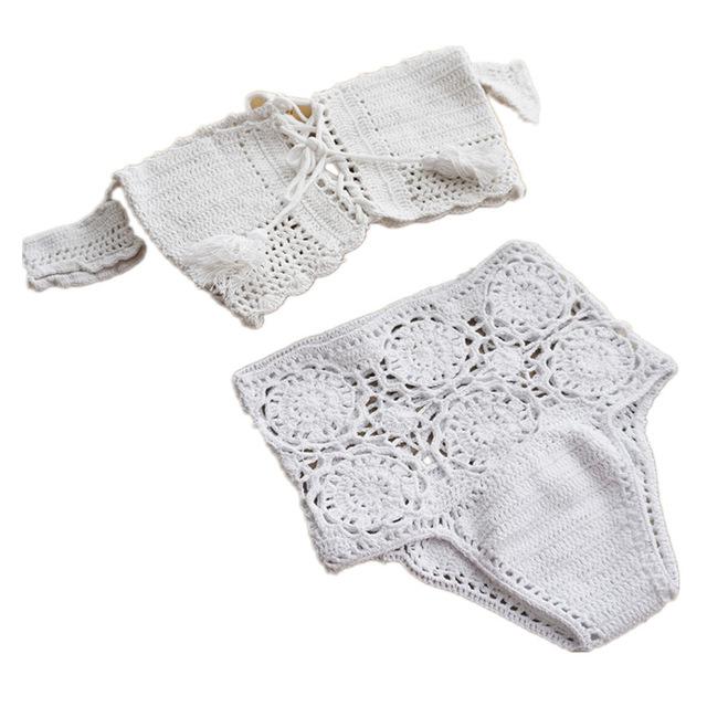 Stickade badkläder Dam Bikini Set Off Shoulder Baddräkt Bandeau Baddräkt för kvinnor Bandage Baddräkt med hög midja