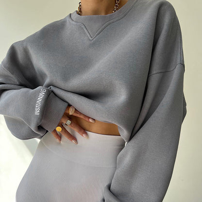 Loose Sweater Women's Casual Round Neck Pullover Tops Solid Color Sports Sweatshirt