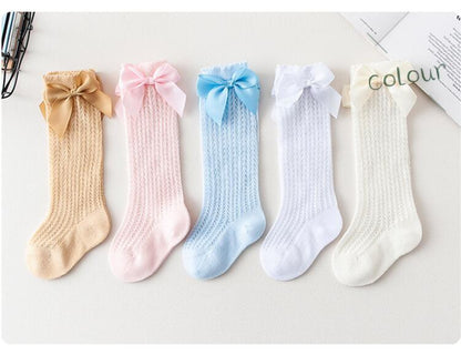 Chaussettes hautes pour bébés, nourrissons, enfants en bas âge, filles et garçons, collants chauffe-jambes, nœud en ruban, coton solide, extensible, mignon et charmant