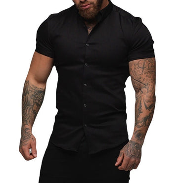 Short Sleeve Lapel Shirt Elastic Thin Solid Color