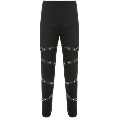 Leggings gothiques noirs Push Up pour femmes, ruban avec rivets, Patchwork, Streetwear, taille haute, Punk, pantalon