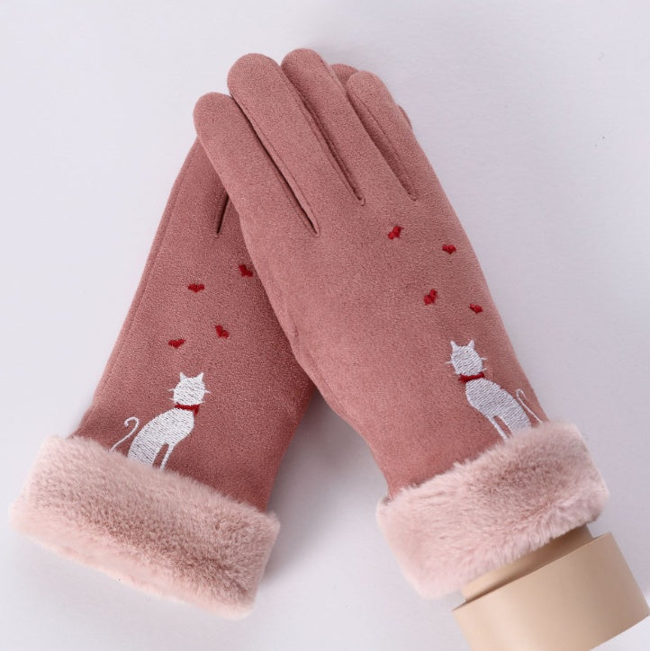 New Winter Female Lace Warm Cashmere Three Ribs Cute Bear Mittens Double thick Plush Wrist Women Touch Screen Driving Gloves 81C