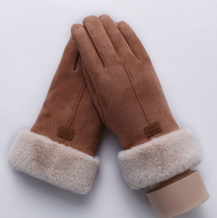 New Winter Female Lace Warm Cashmere Three Ribs Cute Bear Mittens Double thick Plush Wrist Women Touch Screen Driving Gloves 81C