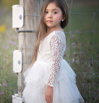 Jupe creuse en dentelle pour enfants, tenue de princesse blanche à manches longues pour filles, robe irrégulière, automne et hiver